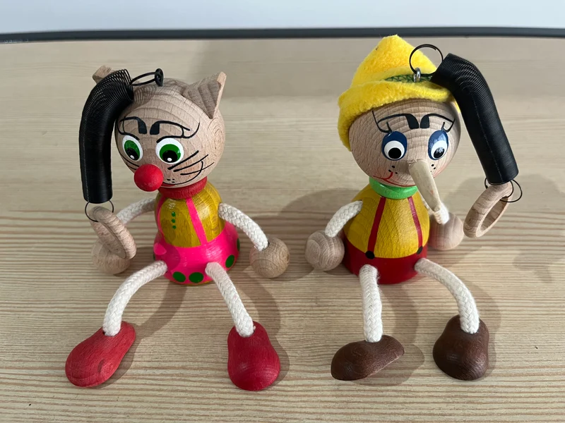 Marionnette Pinocchio et marionnette chat en bois