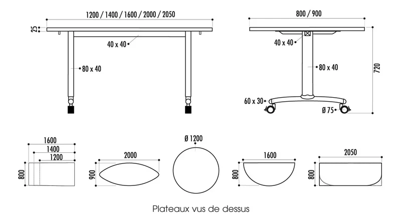 Table basculante rectangle mélaminé