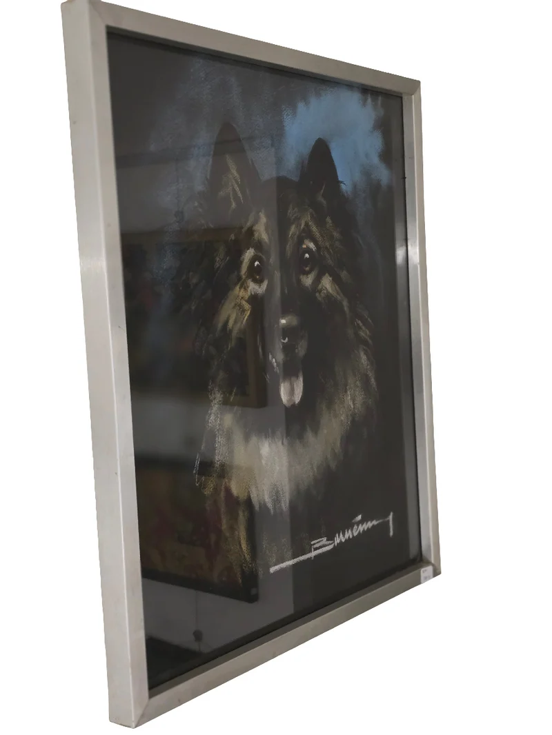Tableau vitré chien bergé signé