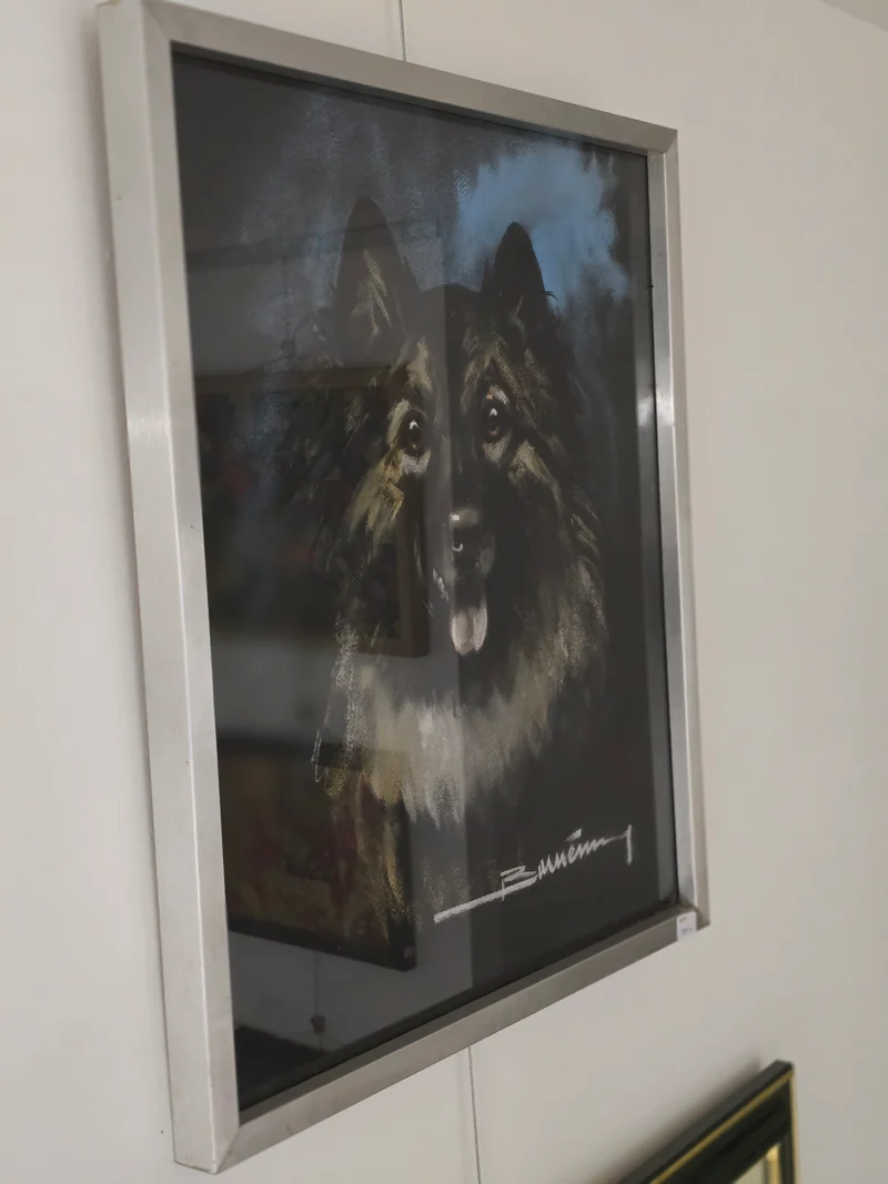 Tableau vitré chien bergé signé