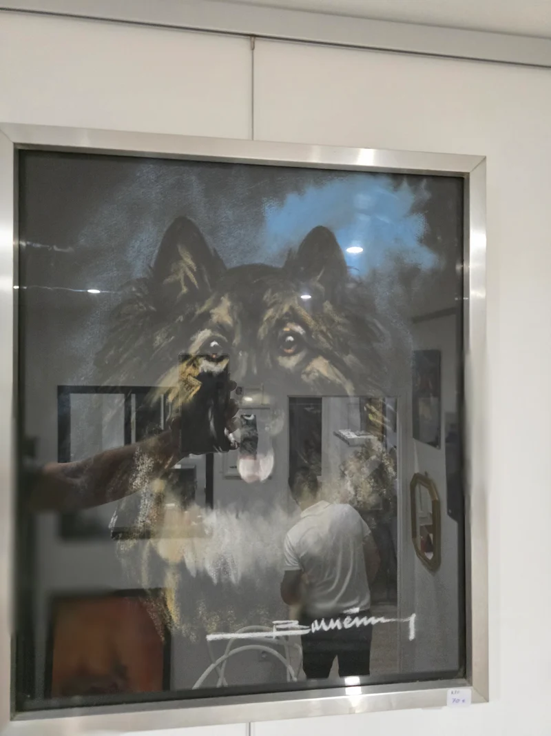 Tableau vitré chien bergé signé