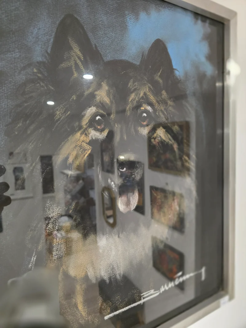 Tableau vitré chien bergé signé