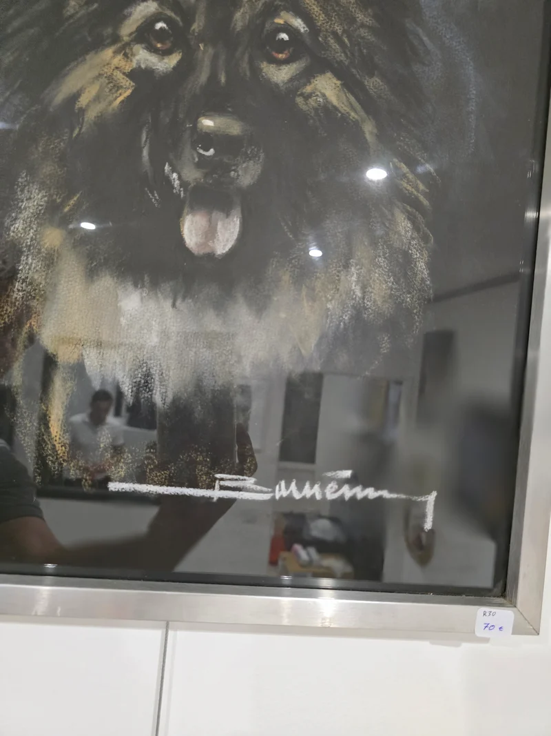 Tableau vitré chien bergé signé
