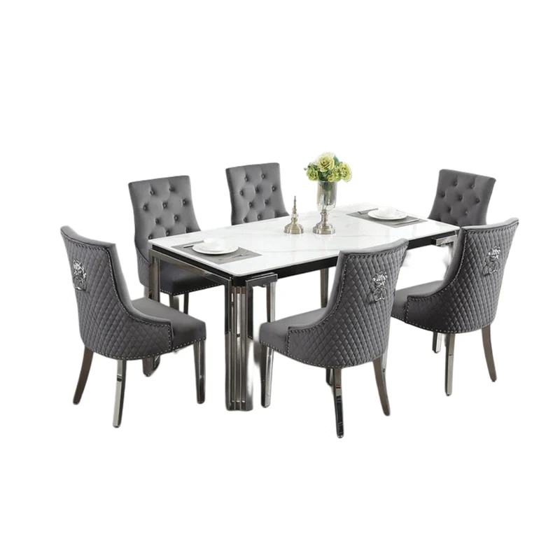 Ceramic Marble Dining Set with Lion Knocker Velvet Chairs – T-1274