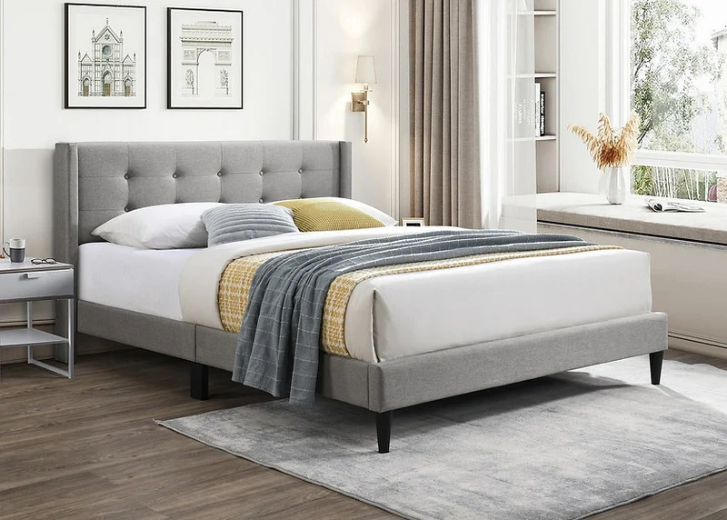 Fabric Bed with Button Tufting, Wing Headboard & Tapered Legs – IF-5270
