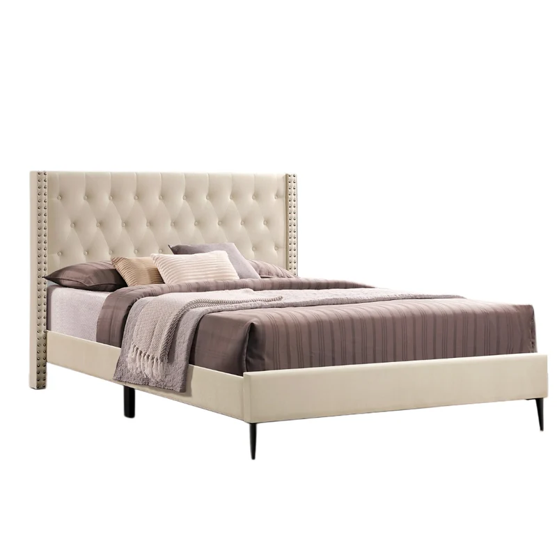 Velvet Fabric Bed with Diamond Pattern Button Tufting, Wing Headboard & Chrome Nailhead Trim – IF-5592