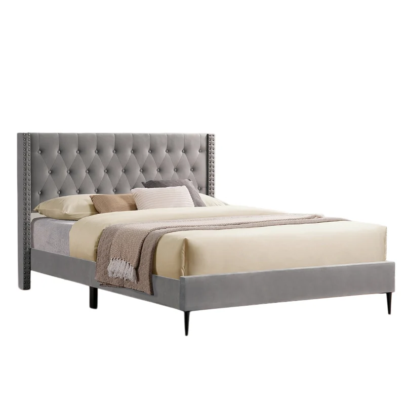 Velvet Fabric Bed with Diamond Pattern Button Tufting, Wing Headboard & Chrome Nailhead Trim – IF-5592