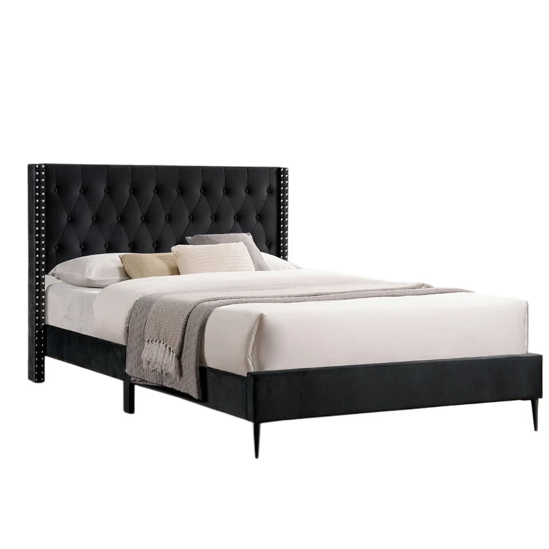 Velvet Fabric Bed with Diamond Pattern Button Tufting, Wing Headboard & Chrome Nailhead Trim – IF-5592