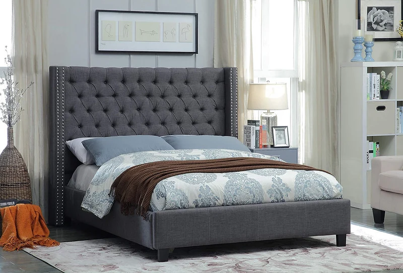 Fabric Wing Bed with Deep Button Tufting & Nailhead Trim – IF-5899