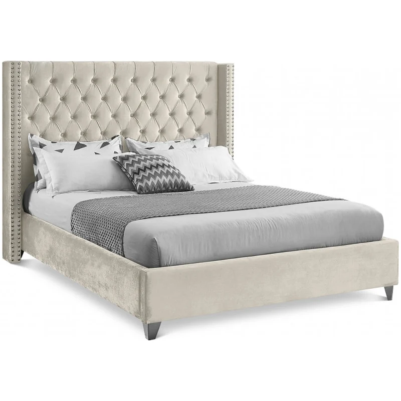 Velvet Fabric Bed with Deep Button Tufting & Nailhead Trim – IF-5892