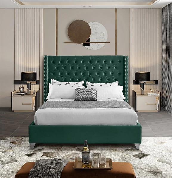 Velvet Wing Bed with Deep Button Tufting & Nailhead Trim – IF-5894