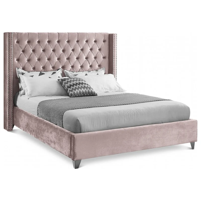 Dusty Pink Velvet Wing Bed with Deep Button Tufting & Nailhead Trim – IF-5895