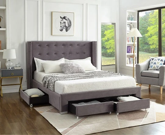 Velvet Fabric Wing Bed with Nailhead Trim and Chrome Legs – Model IF-5320