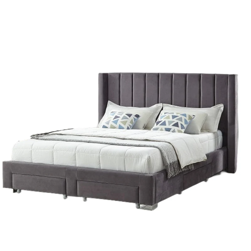 Velvet Fabric Wing Bed with Vertical Deep Tufting and Chrome Legs IF-5310