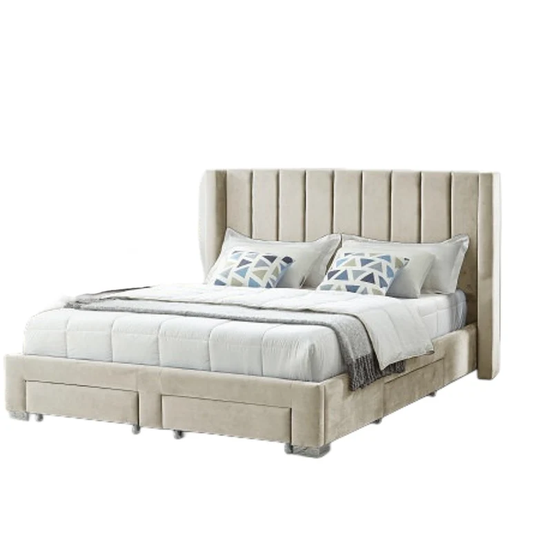 Velvet Fabric Wing Bed with Vertical Deep Tufting and Chrome Legs IF-5310