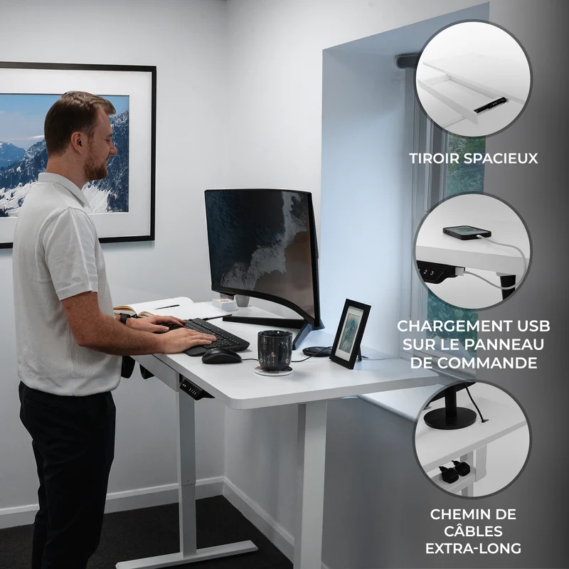 Bureau Assis-Debout Électrique Avec Tiroir (120 x 60 cm)