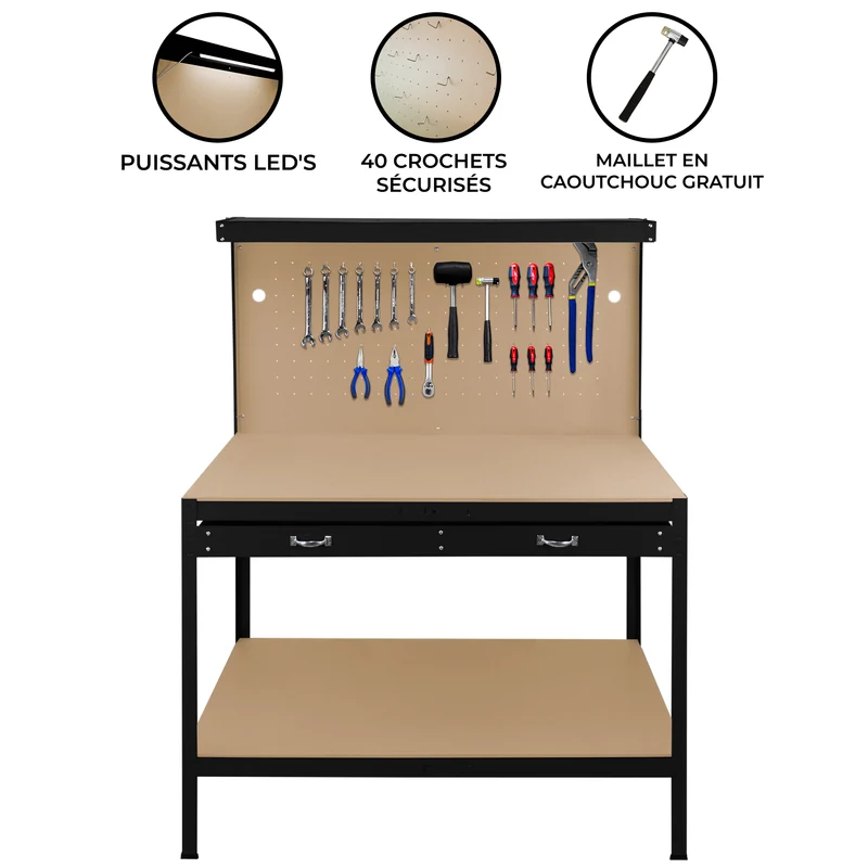 Établi de Travail 120 cm à Tiroir & LED Blanc Froid en Acier Noir