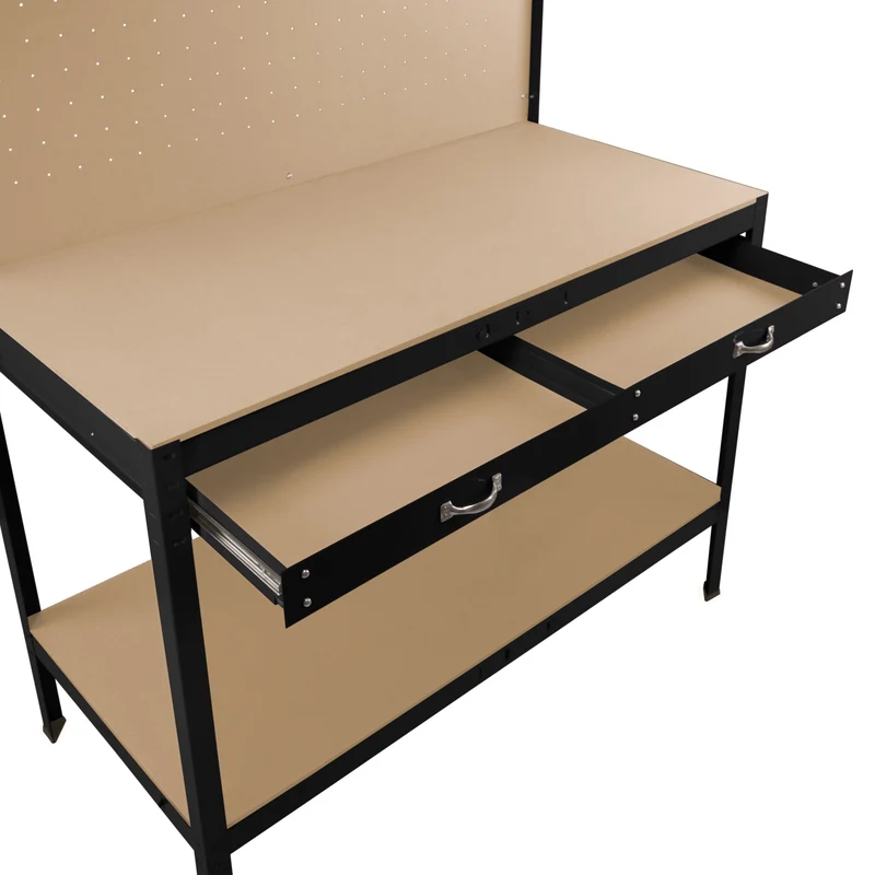 Établi de Travail 120 cm à Tiroir & LED Blanc Froid en Acier Noir