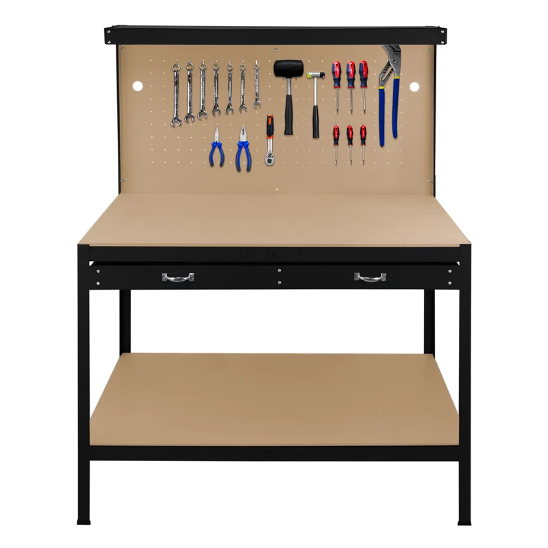 Établi de Travail 120 cm à Tiroir & LED Blanc Froid en Acier Noir