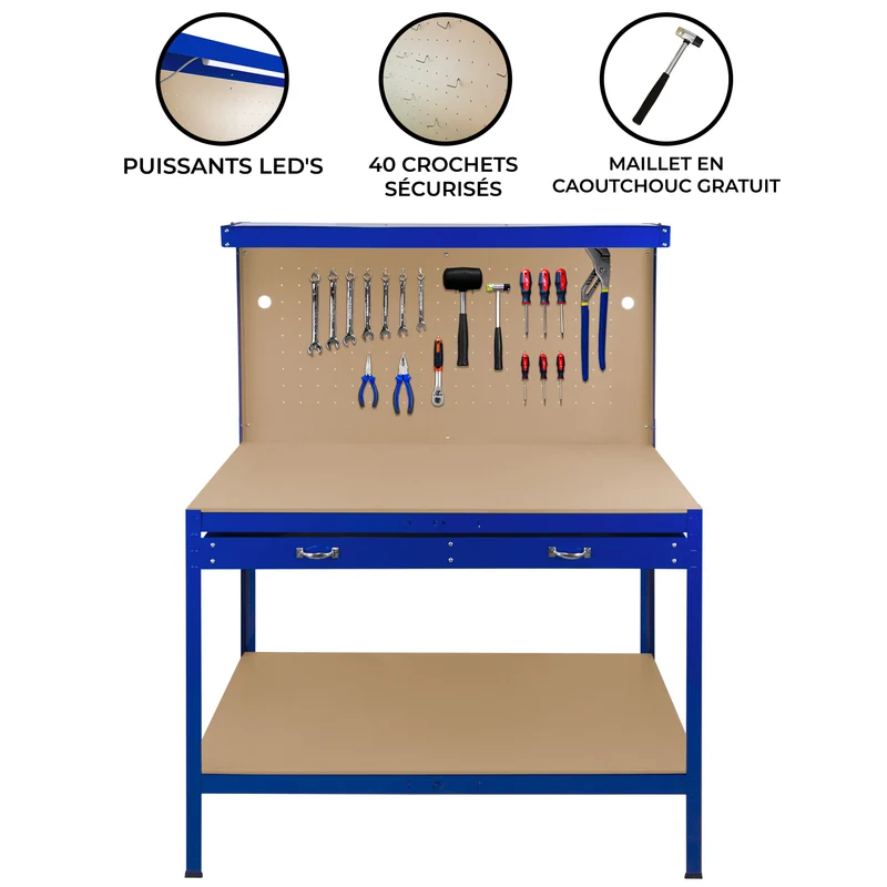 Établi de Travail 120 cm à Tiroir & LED Blanc Froid en Acier Bleu
