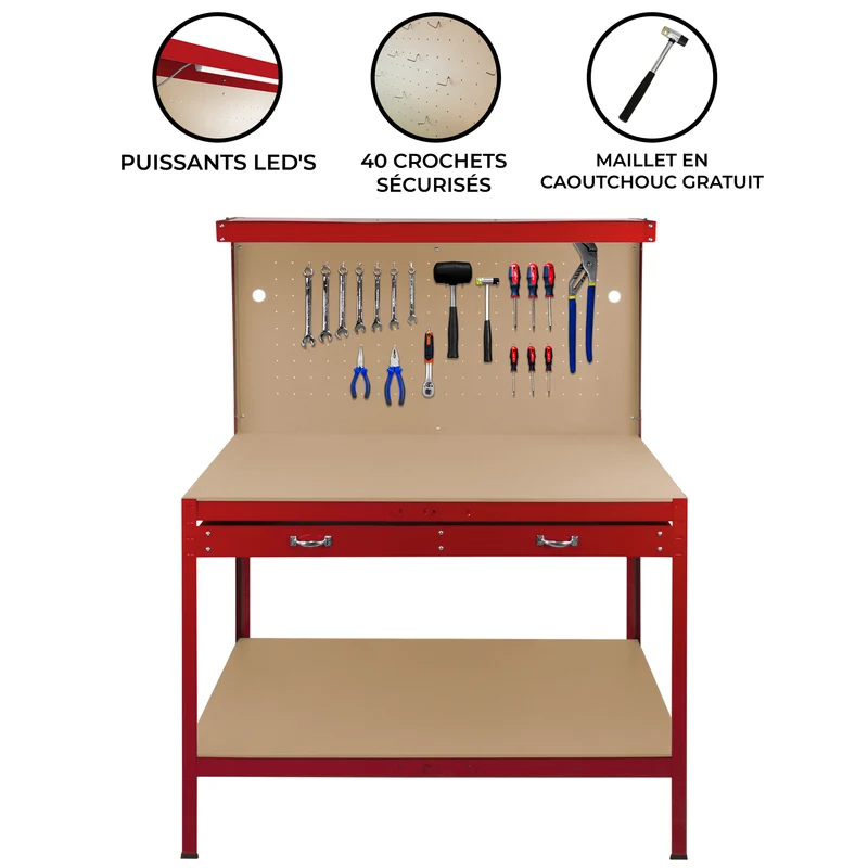 Établi de Travail 120 cm à Tiroir & LED Blanc Froid en Acier Rouge
