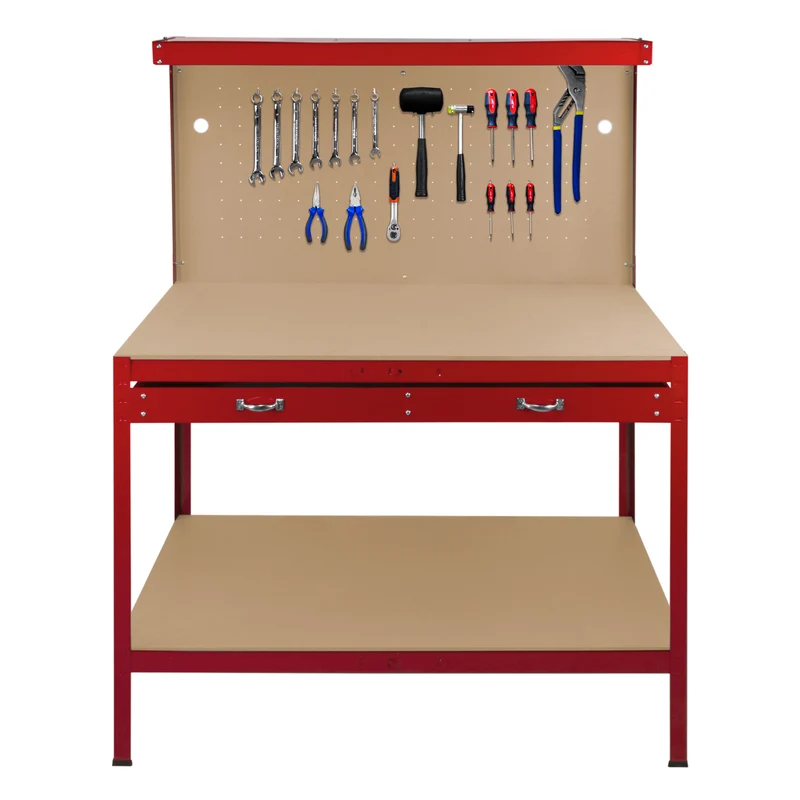 Établi de Travail 120 cm à Tiroir & LED Blanc Froid en Acier Rouge