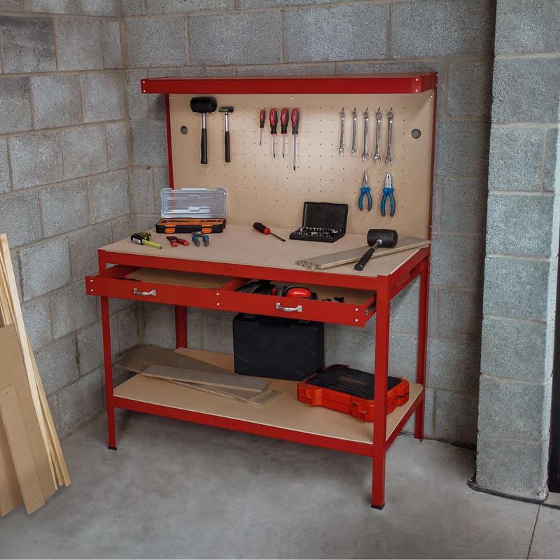 Établi de Travail 120 cm à Tiroir & LED Blanc Froid en Acier Rouge
