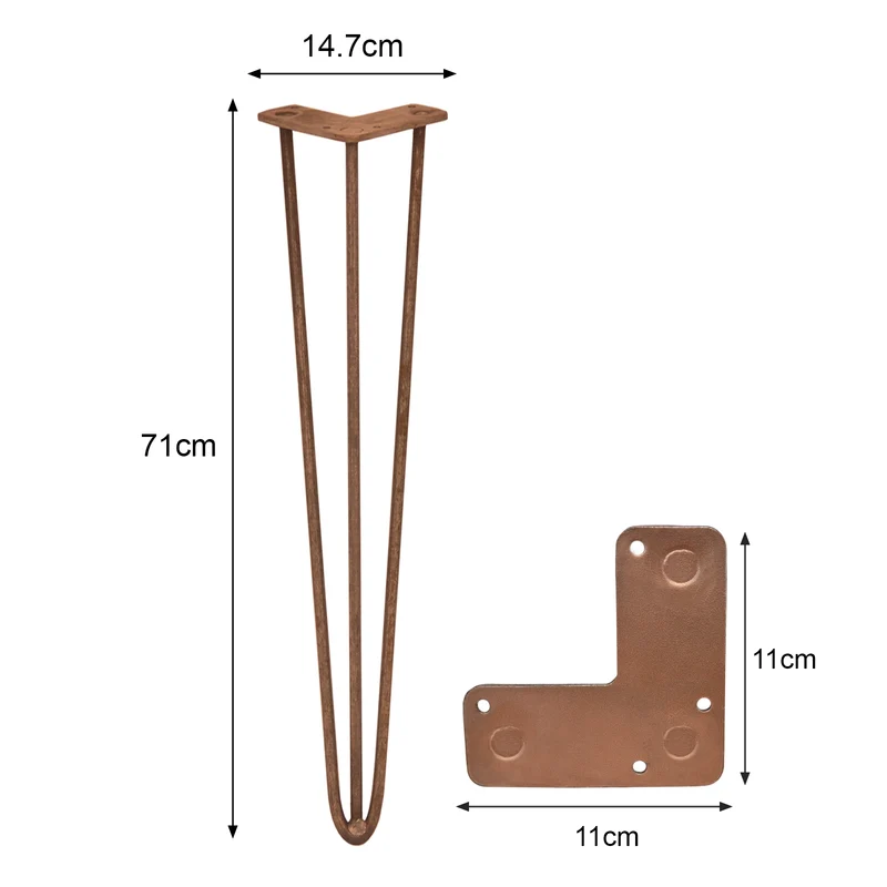 4 Pieds de Table 71 cm à 3 Tiges de 12 mm - Cuivre