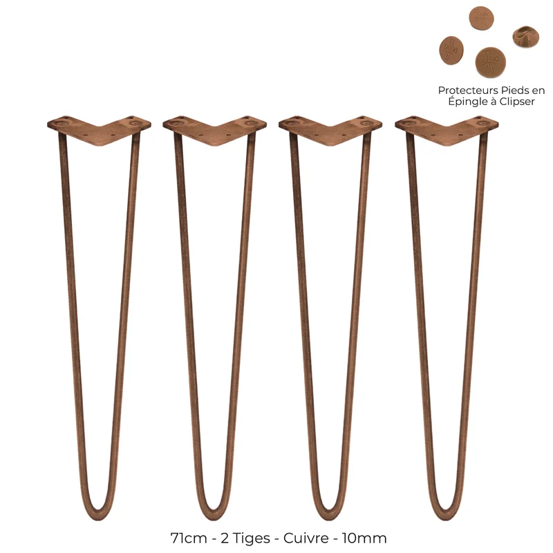 4 Pieds de Table 71 cm à 2 Tiges de 10 mm - Cuivre