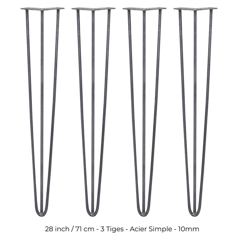 4 Pieds de Table 71 cm à 3 Tiges de 10 mm - Acier Brut