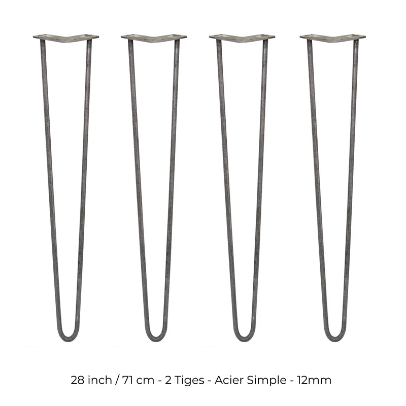 4 Pieds de Table 71 cm à 2 Tiges de 12 mm - Acier Brut