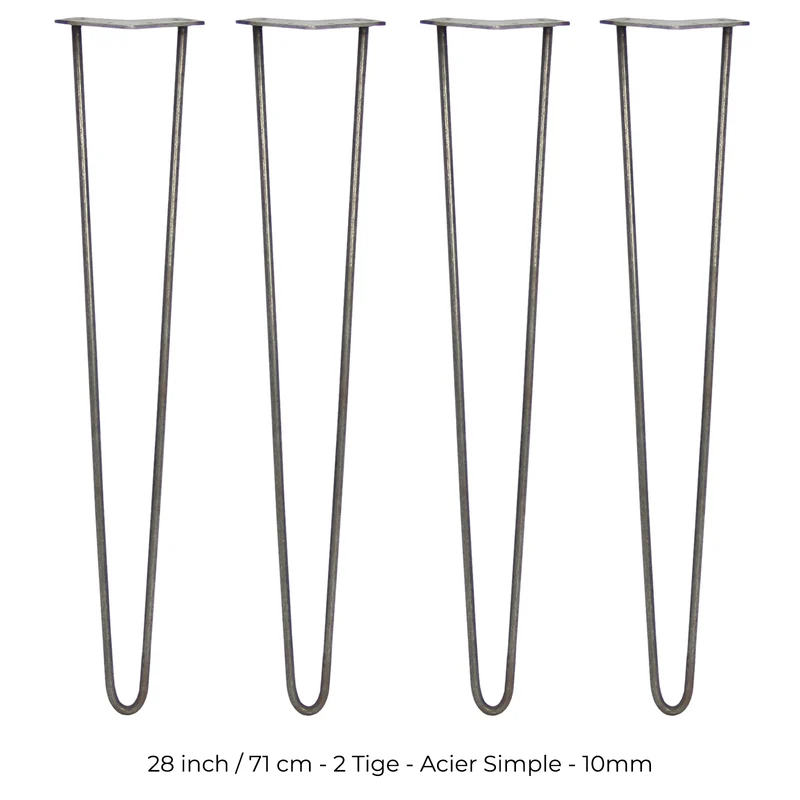4 Pieds de Table 71 cm à 2 Tiges de 10 mm - Acier Brut