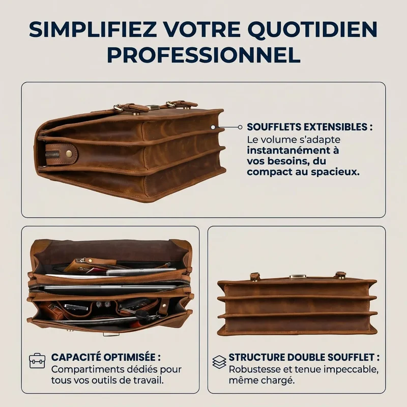 Porte-documents TriVault - Organisation Triple Soufflet & Protection Cuir