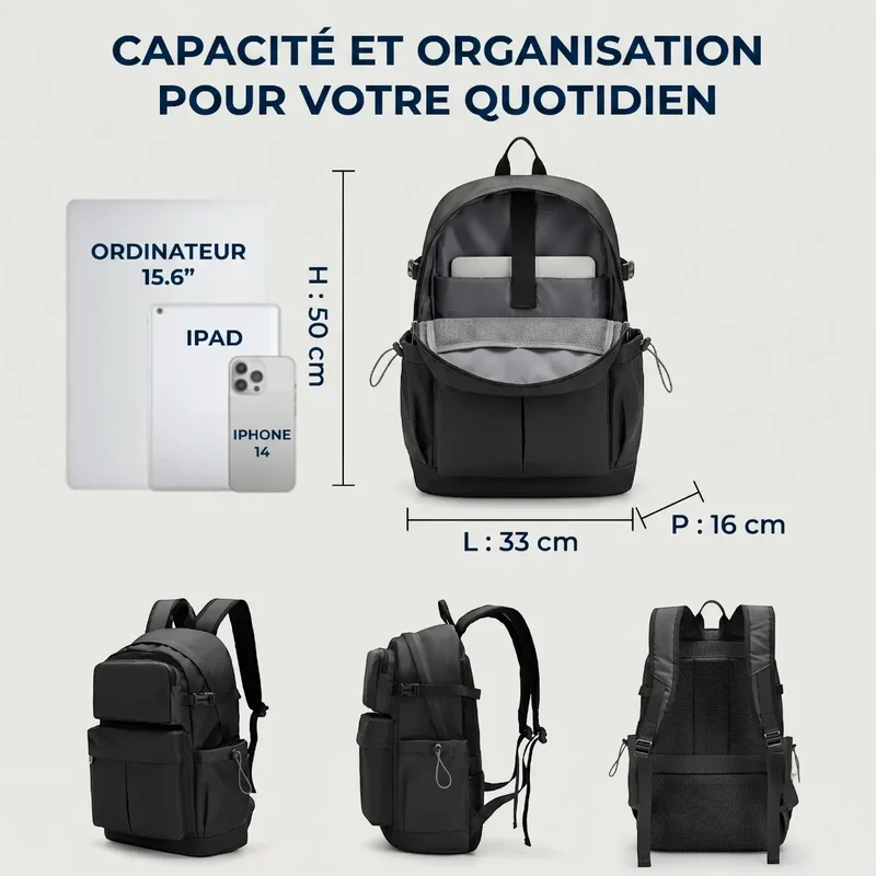 Sac à dos ordinateur homme JetLayer - Protection dorsale optimale & Organisation nomade fluide