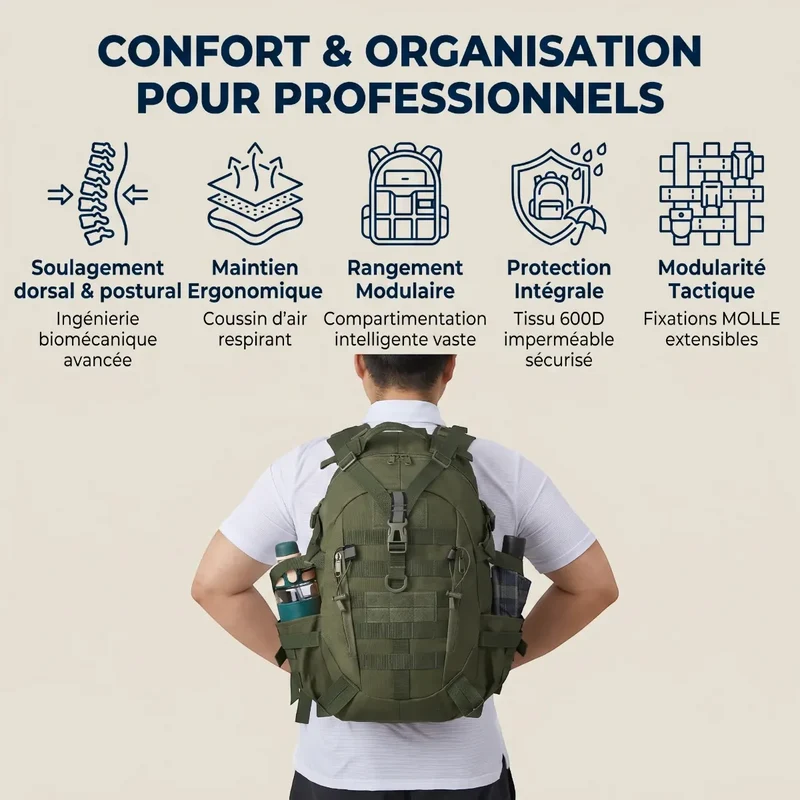 Sac à dos ordinateur homme TactiGrid - Rangement tactique & Confort biomécanique