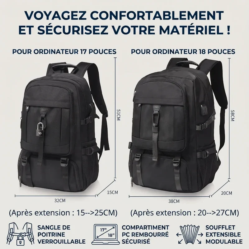 Sac à dos ordinateur homme Flexium - Grande capacité & Volume extensible