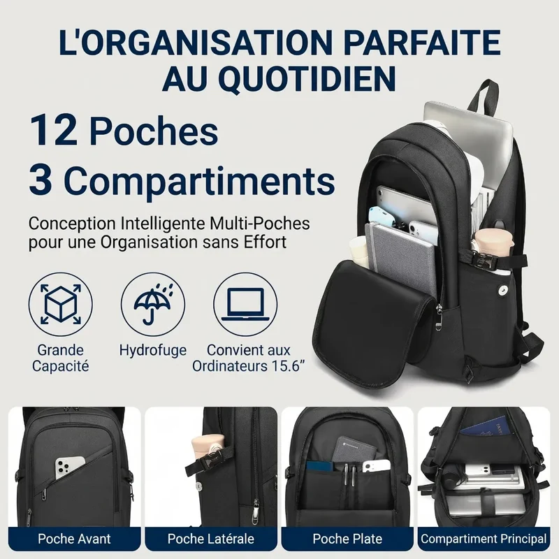 Sac à dos ordinateur homme KonoSync - Organisation nomade parfaite & Confort biomécanique