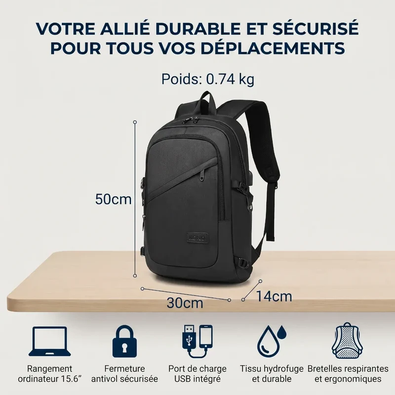 Sac à dos ordinateur homme KonoSync - Organisation nomade parfaite & Confort biomécanique