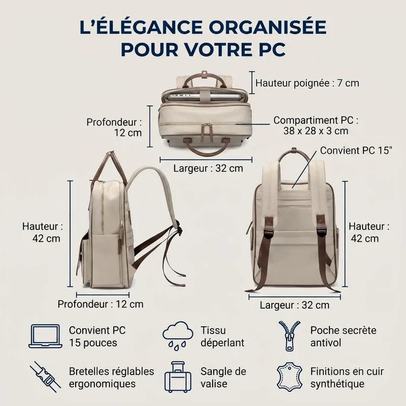 Sac à dos ordinateur femme Lotusia - Mobilité élégante sans fatigue