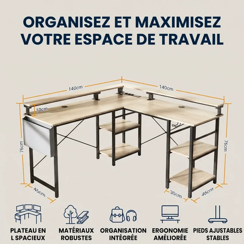 Bureau d'angle industriel Kave - Modulable Avec rangements Réversible