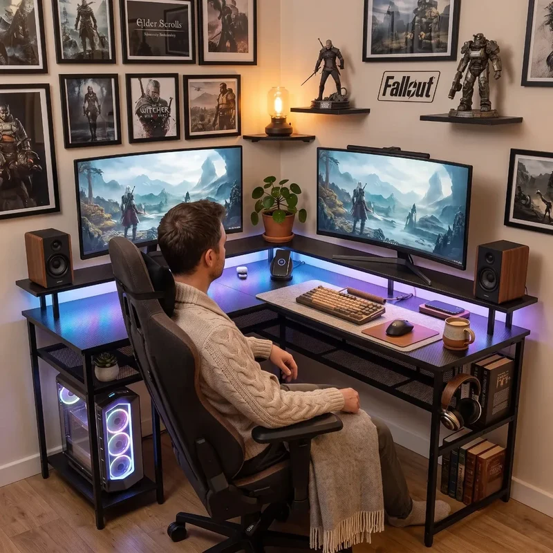 Bureau d'Angle Gaming L-Tech 136 Gain de place - Hub, LED RGB & Support Écran