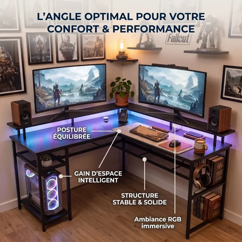 Bureau d'Angle Gaming L-Tech 136 Gain de place - Hub, LED RGB & Support Écran