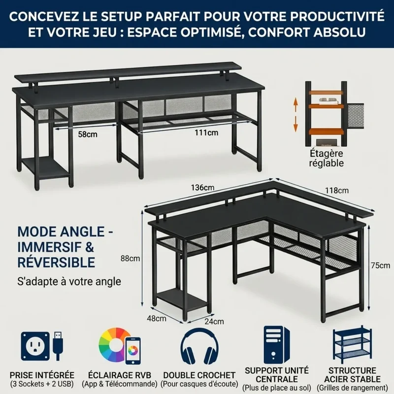 Bureau d'Angle Gaming L-Tech 136 Gain de place - Hub, LED RGB & Support Écran