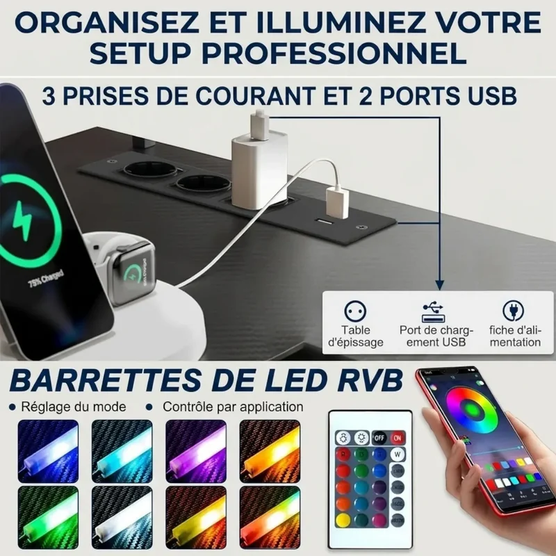 Bureau d'Angle Gaming L-Tech 136 Gain de place - Hub, LED RGB & Support Écran
