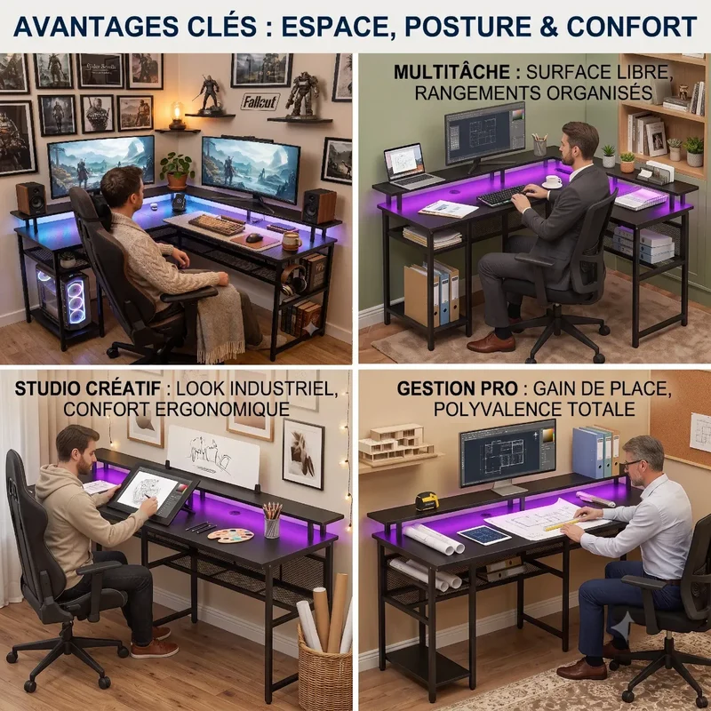 Bureau d'Angle Gaming L-Tech 136 Gain de place - Hub, LED RGB & Support Écran