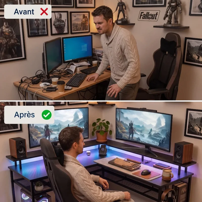 Bureau d'Angle Gaming L-Tech 136 Gain de place - Hub, LED RGB & Support Écran