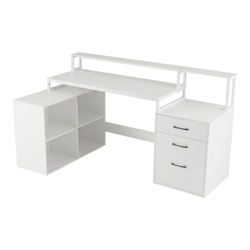 Bureau d'angle Sector Blanc Bois & Acier avec Rangements Gain de Place