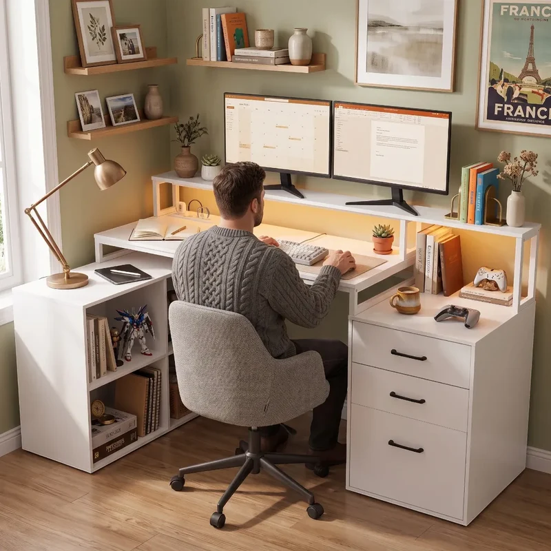 Bureau d'angle Sector Blanc Bois & Acier avec Rangements Gain de Place