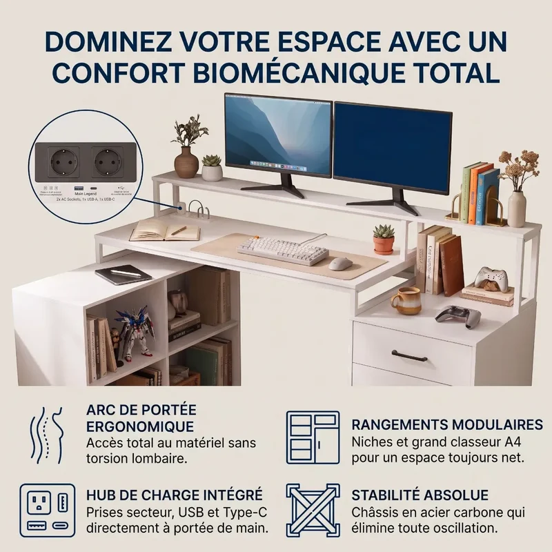 Bureau d'angle Sector Blanc Bois & Acier avec Rangements Gain de Place