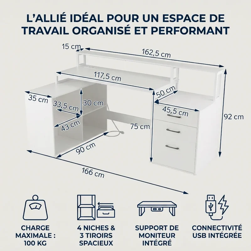 Bureau d'angle Sector Blanc Bois & Acier avec Rangements Gain de Place
